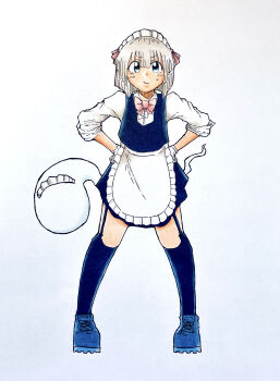 Rule 34 | 1girl, absurdres, alternate costume, apron, blue dress, blue eyes, blue shoes, blue thighhighs, bow, bowtie, closed mouth, collared shirt, commentary request, dress, enmaided, full body, garter straps, grey hair, hairband, hands on own hips, highres, hitodama, kasuokasuto, konpaku youmu, konpaku youmu (ghost), long sleeves, looking at viewer, maid, maid headdress, pink bow, pink bowtie, pout, shirt, shoes, solo, sweatdrop, thighhighs, touhou, traditional media, waist apron, white apron, white shirt