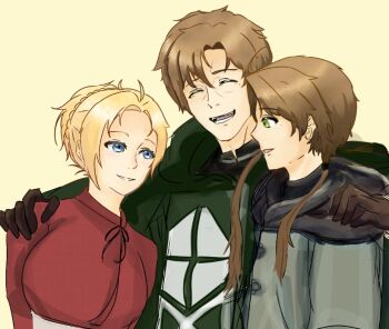 Rule 34 | 1girl, 2boys, aoringo3873, blonde hair, blue eyes, brown hair, closed eyes, father and son, green eyes, hand on another's shoulder, husband and wife, mole, mole under eye, multiple boys, mushoku tensei, paul greyrat, ponytail, rudeus greyrat, smile, yellow background, zenith greyrat