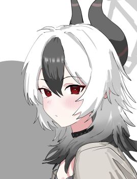 1girl alternate_hairstyle black_choker black_dress black_hair blue_archive choker colored_bangs commentary_request dejigura demon_horns dress from_side gradient_hair grey_background grey_jacket hair_between_eyes hair_intakes halo highres horns jacket kayoko_(blue_archive) kayoko_(dress)_(blue_archive) light_blush looking_at_viewer multicolored_hair official_alternate_costume portrait red_eyes solo two-tone_hair white_background white_hair wolf_cut