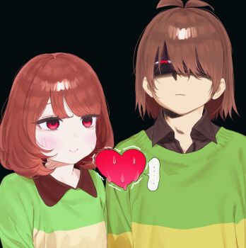 ... 2others absurdres black_background blush_stickers brown_eyes chara_(undertale) commentary_request deltarune eye_contact frown green_sweater heart_soma highres kris_(deltarune) looking_at_another multiple_others partially_shaded_face smile soul_(deltarune) spoken_ellipsis sweat sweater tagme undertale utdr_(toby_fox) yellow_sweater