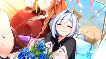 ahoge amane_kanata blonde_hair breasts dragon_girl dragon_horns dragon_tail hairband halo highres hololive horn_ornament horns kiryu_coco large_breasts long_hair multicolored_hair orange_hair pointy_ears smile star_halo streaked_hair tail virtual_graduation_commemoration virtual_youtuber yuyaiyaui