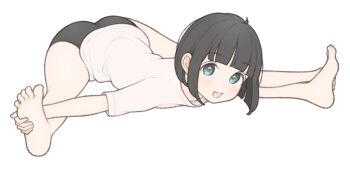 1girl 1ssakawaguchi absurdres ahoge barefoot black_shorts bob_cut brown_hair dolphin_shorts flexible grey_eyes highres ichika_(1ssakawaguchi) legs lying on_stomach open_mouth original shirt short_hair short_shorts shorts simple_background smile solo split t-shirt toes white_background white_shirt
