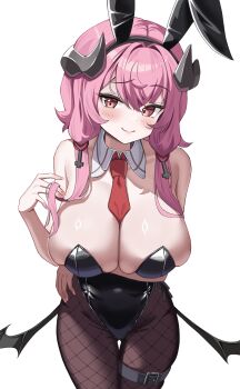 1girl absurdres animal_ears arm_under_breasts bare_shoulders belt bernina_(stella_sora) between_breasts black_horns black_leotard black_wings blush breasts cleavage closed_mouth collarbone commentary covered_groin covered_navel cross demon_girl demon_horns detached_collar fake_animal_ears fang hair_between_eyes hand_in_own_hair hand_up highres horns inverted_cross leotard long_hair looking_at_viewer low-tied_sidelocks low_wings nail_polish nannanana3939 necktie necktie_between_breasts pink_eyes pink_hair pink_nails playboy_bunny purple_hair rabbit_ears red_necktie side-tie_leotard sideboob sidelocks simple_background skin_fang smile solo standing stella_sora thigh_belt thigh_gap thigh_strap thighs undersized_breast_cup white_background wings