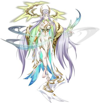 1girl absurdly_long_hair absurdres aura breasts choker circlet cleavage closed_mouth clothes_grab clothing_cutout collarbone crossed_legs dress dress_grab ear_chain earrings elf enya_(langrisser) facial_mark floating_hair floating_headgear forehead_mark full_body game_cg gem glowing_headgear gold_bracer gold_thighlet gold_trim gown green_eyes green_gemstone green_hair grey_hair hair_between_eyes headdress headgear highleg highleg_dress highres jewelry langrisser langrisser_mobile large_breasts legs linked_piercing long_hair long_sleeves looking_at_viewer low_neckline magic multicolored_hair official_art outstretched_arm pelvic_curtain piercing pointy_ears revealing_clothes sandals second-party_source serious shawl simple_background single_bare_foot single_bracer single_sandal solo standing stomach stud_earrings tachi-e thighlet toes transparent_background two-sided_dress two-sided_fabric very_long_hair white_choker white_dress yellow_shawl