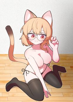 Rule 34 | 1girl, :3, animal ear fluff, animal ears, black panties, black thighhighs, blonde hair, blush, breasts, cat ears, cat girl, cat tail, commentary, commission, double-parted bangs, english commentary, facing viewer, fang, full body, glasses, hand up, hh, highres, indoors, large breasts, looking to the side, medium hair, navel, nipples, no shoes, open mouth, orange eyes, original, panties, parquet floor, round eyewear, side-tie panties, sitting, solo, sweat, tail, thighhighs, topless female, underwear, wariza, wooden floor
