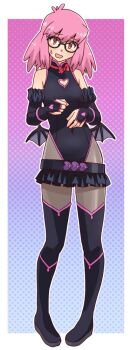 1girl black_mask blush boku_no_hero_academia boots bow breasts commentary_request earrings embarrassed eye_mask haneyama_kazuho jewelry leotard looking_at_viewer mask pantyhose pink_bow pink_eyes pink_hair solo superhero_costume uona_telepin vigilante_-boku_no_hero_academia:_illegals- white_background wings