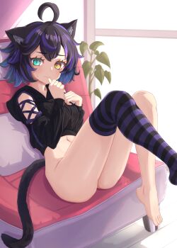 1girl animal_ears arm_ribbon black_hair black_hoodie black_thighhighs bottomless breasts cat_ears cat_girl cat_tail chair closed_mouth commentary_request criss-cross_ribbon cropped_hoodie detached_sleeves easy_chair foot_out_of_frame furrowed_brow green_eyes heterochromia highres hood hoodie indoors long_sleeves looking_at_viewer medium_breasts multicolored_hair navel nervous nervous_smile on_chair original plant purple_hair purple_thighhighs raised_inner_eyebrows ribbon short_hair single_bare_foot single_thighhigh sitting smile striped_clothes striped_thighhighs sugunejineji sweatdrop tail thighhighs thumb_to_mouth two-tone_hair wavy_mouth window yellow_eyes