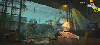 1boy 1girl 44xxmm absurdres blue_flower book brown_hair cat closed_mouth collared_shirt cousins curtains doujima_nanako dress electric_fan fish flower from_inside goldfish hand_fan highres holding holding_fan hydrangea lying narukami_yu on_side persona persona_4 purple_flower rain shirt sleeping television white_dress wind_chime wooden_floor