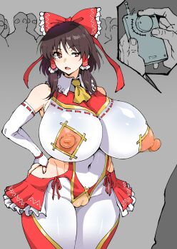 1girl ascot bare_shoulders bodysuit bow breasts brown_hair cameltoe controller elbow_gloves fingerless_gloves frills gloves hair_bow hair_tubes hakurei_reimu hand_on_own_hip henriiku_(ahemaru) highres huge_breasts navel open_mouth red_eyes remote_control ribbon see-through_clothes skin_tight touhou wide_hips