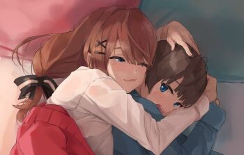 1boy 1girl age_difference alternate_eye_color black_bow blue_eyes blue_shirt blush bow brown_hair cardigan closed_mouth commentary_request hair_bow hair_intakes hair_ornament hairclip hug hug_from_behind long_hair long_sleeves lying musunde_hiraite_(mh5jta) nijisanji on_side one_eye_closed onee-shota open_mouth pink_cardigan pink_lips shirt short_hair smile striped_bow suzuhara_lulu suzuhara_lulu_(1st_costume) two-tone_bow virtual_youtuber white_shirt