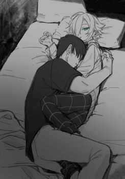 2boys age_difference bed between_legs black_hair black_shirt cr-r green_eyes greyscale hair_over_one_eye holding hug long_sleeves monochrome multiple_boys nijisanji on_bed onii-shota open_mouth pillow shirt size_difference uzuki_kou virtual_youtuber