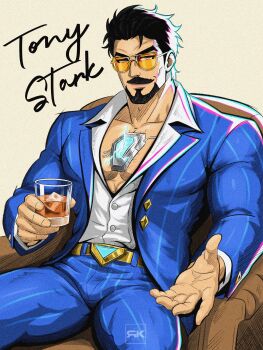 Rule 34 | 1boy, adversarial noise, alcohol, arc reactor, black facial hair, black hair, blue jacket, blue pants, chair, character name, commentary, cup, facial hair, grey eyes, hair slicked back, hatching (texture), highres, holding, holding cup, iron man, iron man (series), jacket, looking at viewer, male focus, marvel, marvel rivals, mature male, muscular, muscular male, official alternate costume, on chair, pants, reaching, reaching towards viewer, rkreates, shirt, short hair, sitting, smirk, solo, striped clothes, striped jacket, striped pants, sunglasses, tinted eyewear, tony stark, tony stark (big shot), vertical-striped clothes, vertical-striped jacket, vertical-striped pants, white shirt, yellow-tinted eyewear, yellow background