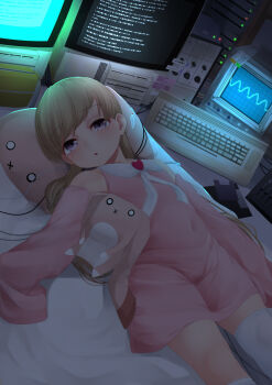 1girl bare_shoulders blush cameltoe commentary_request covered_navel detached_sleeves dress feet_out_of_frame female_focus floppy_disk heart highres computer_keyboard light_brown_hair loli long_hair long_sleeves looking_at_viewer lying ne_an_ito on_back oscilloscope parted_lips pink_dress pink_sleeves purple_eyes sleeves_past_fingers sleeves_past_wrists solo sticky_note stuffed_animal stuffed_toy tareme tsukuyomi_ai voiceroid