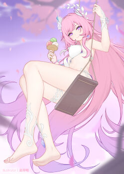 1girl absurdly_long_hair alternate_costume artist_name ass bare_legs bare_shoulders barefoot bikini blurry blurry_background blurry_foreground breasts chinese_commentary closed_mouth commentary_request cyrene_(honkai:_star_rail) cyrene_(ripples_of_past_reverie)_(honkai:_star_rail) depth_of_field diamond-shaped_pupils diamond_(shape) earrings feet flower foreshortening from_below full_body gradient_hair hair_flower hair_ornament highres holding holding_ice_cream_cone honkai:_star_rail honkai_(series) ice_cream_cone jewelry legs long_hair looking_at_viewer looking_down medium_breasts multicolored_hair nail_polish on_swing outdoors paid_reward_available pink_hair pink_nails pink_petals pointy_ears purple_eyes purple_sky rose sitting sky smile soles solo swimsuit swing symbol-shaped_pupils thighlet thighs toes very_long_hair white_bikini white_flower white_rose yunkaiming
