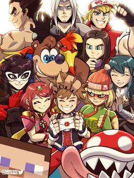 3girls 6+boys amamiya_ren armor banjo-kazooie banjo_(banjo-kazooie) baseball_cap black_hair block_(object) blonde_hair blue_eyes blue_hair breasts bromojumbo brown_hair chest_jewel closed_eyes closed_mouth creeparka dragon_quest dragon_quest_xi earrings eyebrows_visible_through_mask fatal_fury fatal_fury_cap female_byleth_(fire_emblem) final_fantasy final_fantasy_vii final_fantasy_vii:_advent_children fingerless_gloves fire_emblem fire_emblem:_three_houses gloves hair_ornament hat headpiece helmet hero_(dq11) highres jewelry joker_(persona_5) kazooie_(banjo-kazooie) keyblade kingdom_hearts kingdom_hearts_i knit_hat large_breasts long_hair looking_at_viewer male_focus mario_(series) masamune_(ff7) mask medium_hair minecraft mishima_kazuya multiple_boys multiple_girls muscular nintendo open_mouth persona persona_5 piranha_plant plant pyra_(xenoblade) red_eyes red_hair scar sephiroth short_hair simple_background smash_invitation smile sora_(kingdom_hearts) square_enix steve_(minecraft) super_smash_bros. tekken terry_bogard the_king_of_fighters thick_eyebrows tiara topless_male weapon xenoblade_chronicles_(series) xenoblade_chronicles_2