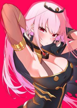 1girl :/ absurdres armpits black_cape black_dress blush breasts cape cleavage closed_mouth detached_sleeves dress hands_in_own_hair hashtag-only_commentary highres hololive hololive_english large_breasts long_hair looking_at_viewer mori_calliope mori_calliope_(1st_costume) pink_hair red_background red_eyes ryu160303 see-through_clothes see-through_sleeves simple_background solo spiked_cape spikes tiara torn_cape torn_clothes upper_body very_long_hair virtual_youtuber