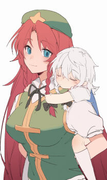 2girls absurdres age_difference aged_down black_bow black_ribbon blush bow braid braided_sidelock breasts carrying child commentary_request curtained_hair green_hat green_vest grey_hair hair_bow hat hat_ornament highres hong_meiling izayoi_sakuya kneehighs large_breasts liangyilin light_smile long_hair looking_at_another multiple_girls neck_ribbon onee-loli orange_hair partial_commentary piggyback ribbon shirt simple_background sleeping socks star_(symbol) star_hat_ornament straight_hair touhou twin_braids upper_body very_long_hair vest white_background white_shirt white_socks
