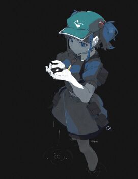 4qw5 blue_dress blue_eyes blue_hair commentary_request dark_background dress full_body hair_bobbles hair_ornament hat highres holding in_water jewelry kawashiro_nitori key key_necklace necklace pocket touhou water