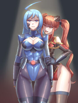 Rule 34 | absurdres, ahoge, before and after, belt, black vest, blue eyes, blue hair, breasts, cleavage, cleavage cutout, clothing cutout, corruption, dark persona, empty eyes, gloves, highres, leebigtree, leotard, long hair, mind control, original, pantyhose, red eyes, red hair, red leotard, sidelocks, twintails, vest