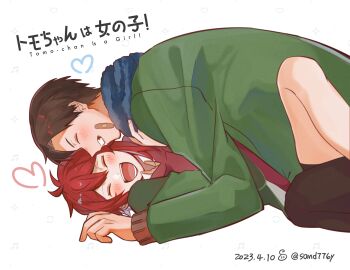 1boy 1girl :d aizawa_tomo bandaid bandaid_on_cheek bandaid_on_face blush brown_hair closed_eyes copyright_name dated green_jacket grin heart hetero highres jacket juan_mao kubota_junichirou laughing open_mouth red_hair scarf short_hair smile tackled tomo-chan_wa_onna_no_ko white_background