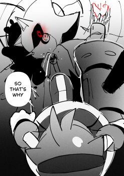 1boy 1girl amy_rose animal_ears blush commentary english_commentary english_text furry furry_female furry_male hammer hetero highres metal_sonic rakugaki_lila53 red_eyes robot shoes sonic_(series) spot_color stepped_on