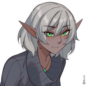 Rule 34 | 1girl, blush, closed mouth, dark-skinned female, dark elf, dark skin, elf, green eyes, grey hair, grey sweater, hair between eyes, highres, mawaridi, necktie, original, pointy ears, ribbed sweater, short hair, simple background, smile, solo, sweater, twitter username, white background, yvonne (mawaridi)