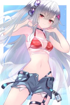 1girl belt bikini breasts commentary_request crown_hair_ornament grey_hair hair_ornament highres hololive hololive_dev_is isaki_riona isaki_riona_(holonatsu_paradise) long_hair medium_breasts navel nishiki_yuno open_belt red_bikini red_eyes see-through_clothes see-through_shirt shirt short_shorts shorts smile sunglasses swimsuit virtual_youtuber