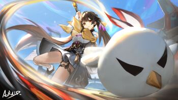 1girl absurdres artist_name az'ruler bare_shoulders bell bird breasts brown_hair chicken closed_mouth commentary day dress foot_out_of_frame hair_bell hair_ornament highres holding holding_sword holding_weapon honkai:_star_rail honkai_(series) jingwei_(bird) long_hair long_sleeves looking_at_viewer orange_eyes outdoors smile solo sushang_(honkai:_star_rail) sword twintails weapon yellow_sleeves