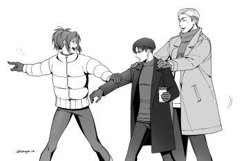 Rule 34 | 1other, 2boys, black coat, closed eyes, coat, cup, erwin smith, feet out of frame, glasses, gloves, grey pants, greyscale, hands on another's shoulders, hange zoe, highres, holding, holding another's arm, holding cup, levi (shingeki no kyojin), long hair, monochrome, multiple boys, open mouth, pants, parted bangs, pointing, ponytail, puffy coat, scarf, shingeki no kyojin, short hair, smile, thermos, toraga ra, twitter username, walking, white background, white coat, winter clothes