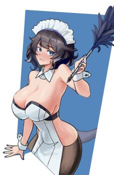 1girl arknights black_hair black_pantyhose blue_eyes blue_nails blush breasts bright_pupils cassiri commentary detached_collar duster english_commentary feather_duster highres huge_breasts kjera_(arknights) kjera_(ingenious_servant)_(arknights) maid_headdress pantyhose partially_undressed tail white_pupils wrist_cuffs