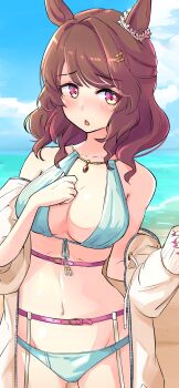 1girl alternate_costume animal_ears beach bikini blue_bikini blue_sky blush breasts brown_hair cleavage cloud ear_ornament hair_ornament hairclip highres horse_ears horse_girl jacket kyabetsuman large_breasts light_hello_(umamusume) long_hair long_sleeves looking_at_viewer navel ocean open_clothes open_jacket open_mouth outdoors sky solo stomach strap swimsuit umamusume water