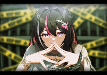 1girl ascot azki_(4th_costume)_(hololive) azki_(hololive) black_hair bracelet caution_tape collared_dress colored_inner_hair commentary_request covered_mouth cuffed cuffs double-parted_bangs dress fingernails hair_between_eyes hair_intakes hair_ornament hairclip handcuffs highres hololive jewelry keep_out leash long_hair looking_at_viewer mole mole_under_eye multicolored_hair official_alternate_costume pink_hair pov pov_across_table prison_cell purple_eyes shara_(syara_so_ju) solo steepled_fingers streaked_hair upper_body viewer_on_leash virtual_youtuber white_ascot white_dress white_hair yandere