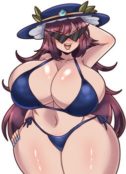 blue_hat breasts brown_hair cleavage curvy gensokyo_odyssey hat highres huge_breasts kakkoi_elbertson large_breasts long_hair mafia open_mouth seireiart smile sunglasses swimsuit thick_thighs thighs touhou triangular_eyewear wide_hips