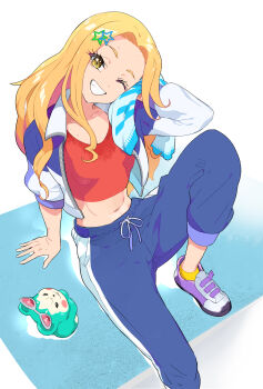 1girl abs arm_support blonde_hair blue_jacket blue_pants chimumu chimumu_(hamster) cropped_jacket cropped_shirt foot_out_of_frame from_above grin hair_ornament hamster hand_up highres holding holding_towel jacket knee_up long_hair long_sleeves looking_at_viewer midriff moudoku_(decopon3rd) one_eye_closed open_clothes open_jacket open_mouth pants pretty_series red_shirt shirt shoes sitting smile sneakers socks solo sportswear star_(symbol) star_hair_ornament sunglasses sweaty_clothes towel waccha_primagi! wiping_face wiping_sweat yayoi_hina yellow_eyes yellow_socks