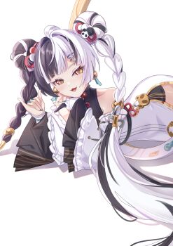 1girl absurdres ahoge aqua_nails bare_shoulders black_hair black_shorts blush braid braided_twintails chakram china_dress chinese_clothes collarbone commentary detached_sleeves dialyn_(zenless_zone_zero) dress earrings hair_extensions hair_intakes hair_ornament hairclip highres jewelry long_hair looking_at_viewer lying multicolored_hair multicolored_nails necktie negitail31 on_side open_mouth panda_hair_ornament red_nails ring_hair_extensions shorts simple_background solo sparkling_eyes split-color_hair symbol-only_commentary weapon white_background white_dress white_hair yellow_eyes yellow_necktie zenless_zone_zero