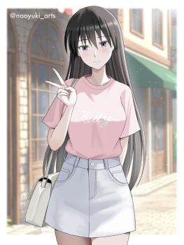 Rule 34 | 1girl, absurdres, arm behind back, artist name, azumanga daiou, bag, black eyes, black hair, commentary, highres, long hair, looking at viewer, naoyuki arts, outdoors, pink shirt, print shirt, sakaki (azumanga daioh), shirt, shoulder bag, skirt, solo, v, white bag, white skirt