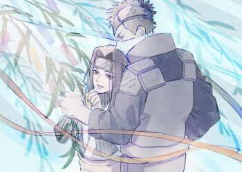 Rule 34 | 2boys, androgynous, black hair, black headband, brown eyes, commentary request, flak jacket, forehead protector, green sweater, haku (naruto), headband, height difference, highres, jacket, male focus, mask, momochi zabuza, mouth mask, multiple boys, naruto (classic), naruto (series), o hqfu, ribbed sweater, sweater, tanzaku