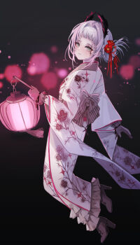 absurdres alternate_costume alternate_hairstyle arknights back_bow boots bow brown_boots closed_mouth commentary_request cross cross_earrings earrings floating floral_print floral_print_kimono flower frilled_gloves frilled_skirt frills from_side full_body gloves grey_bow grey_eyes grey_gloves grey_hair grey_sash hair_flower hair_intakes hair_ornament hair_ribbon hand_up head_wings high_heels highres holding holding_stick irene_(arknights) japanese_clothes jewelry kimono lace-up_boots lantern light_blush long_sleeves looking_at_viewer obi print_kimono red_flower red_pupils red_ribbon ribbon sash scar scar_across_eye scar_on_face skirt stick teizen_(niwamaee) turning_head updo white_kimono wings