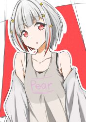 Rule 34 | 1girl, :o, absurdres, black sports bra, bob cut, clothes writing, collarbone, colored inner hair, commentary, diagonal bangs, flat chest, grey hair, grey jacket, grey tank top, hair ornament, highres, inverted bob, jacket, link! like! love live!, looking at viewer, love live!, multicolored hair, off shoulder, open mouth, outline, red background, red eyes, red hair, short hair, solo, sports bra, star (symbol), star hair ornament, streaked hair, sukihiro, tank top, upper body, virtual youtuber, white outline, yugiri tsuzuri