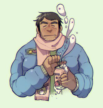 1boy beard_stubble black_hair blue_jacket can closed_eyes closed_mouth commentary cropped_torso dark-skinned_male dark_skin down_jacket drink_can english_commentary facial_hair foam green_background green_shirt grgxrt highres holding holding_can jacket long_sideburns long_sleeves male_focus opening_can original pink_scarf scarf shirt short_hair sideburns simple_background solo stubble thick_eyebrows tusks