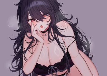 1girl artist_request breasts camisole cleavage commentary_request double_strap_slip frilled_camisole frills glasses heavy_breathing highres huge_breasts indie_virtual_youtuber koala_necklace komoriya_sanaka long_hair looking_at_viewer messy_hair mole mole_under_mouth multi-strapped_panties no_pants open_mouth panties purple_hair semi-rimless_eyewear solo sweat underwear whispering