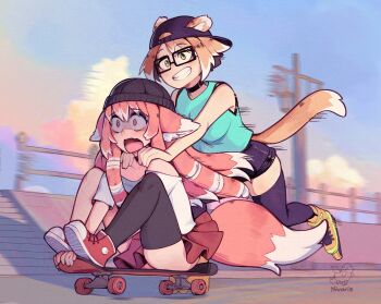 2girls animal_ear_fluff animal_ears aqua_shirt artist_name backwards_hat bare_shoulders baseball_cap black-framed_eyewear black_choker black_hat black_thighhighs blue_sky choker cloud collarbone commentary commission constricted_pupils ears_through_headwear english_commentary fox_ears fox_girl fox_tail glasses hands_on_another&#039;s_shoulders hat highres knees_up long_hair lumi_(sunset_nivaris) miniskirt motion_blur motion_lines multicolored_hair multiple_girls off-shoulder_shirt off_shoulder open_mouth original outdoors pink_eyes pink_hair pleated_skirt rectangular_eyewear red_skirt shaded_face shirt shoes short_hair signature single_thighhigh sitting skateboard skirt sky sleeveless sleeveless_shirt sneakers speed_lines streaked_hair sunset_nivaris t-shirt tail teeth thighhighs tira_(sunset_nivaris) white_shirt wide-eyed yellow_eyes yellow_shoes zettai_ryouiki