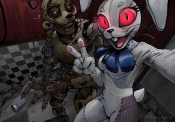 ...? 1boy 1girl :d absurdres alpineping animal_costume animal_ears animatronic artist_name black_sclera blue_bow blue_bowtie bow bowtie buck_teeth burntrap cable checkered_floor colored_sclera commentary english_commentary eyelashes fake_animal_ears fake_tail five_nights_at_freddy's five_nights_at_freddy's:_security_breach glowing glowing_eyes hand_up hat highres indoors looking_at_viewer open_mouth outstretched_arm party_hat patchwork_clothes purple_eyes rabbit_costume rabbit_ears rabbit_tail red_eyes selfie smile striped_hat tail teeth tile_floor tiles trash twitter_username unworn_hat unworn_headwear upper_teeth_only v v-shaped_eyebrows vanny_(fnaf)