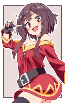 1girl bare_shoulders belt black_choker black_thighhighs blush brown_hair choker commentary_request dress fingerless_gloves gloves highres kono_subarashii_sekai_ni_shukufuku_wo! looking_at_viewer megumin noyama_takenoko off-shoulder_dress off_shoulder open_mouth red_dress red_eyes short_hair short_hair_with_long_locks smile solo thighhighs v zettai_ryouiki