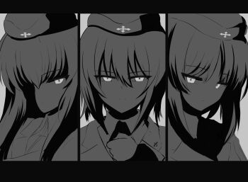 Rule 34 | 3girls, aikir (jml5160), close-up, column lineup, commentary request, cross, girls und panzer, glowing, glowing eyes, greyscale, hat, highres, holding, iron cross, itsumi erika, kuromorimine military uniform, looking at viewer, medium hair, military hat, monochrome, multiple girls, nishizumi maho, nishizumi miho, serious, short hair