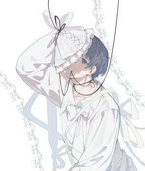 1boy absurdres black_eyes black_hair bow commentary_request covering_one_eye frilled_sleeves frills hand_up highres kim_dokja looking_at_viewer male_focus omniscient_reader&#039;s_viewpoint ribbon sanjinmogufufu shirt short_hair solo string string_around_neck string_around_wrist string_in_mouth upper_body white_shirt
