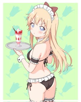 apron arm_garter ass bikini black_bikini blonde_hair blue_eyes blush bow breasts brown_bow chrislu07 frilled_bikini frilled_thigh_strap frills hair_bow highres legs loli long_hair looking_at_viewer maid maid_bikini maid_headdress sideboob simple_background small_breasts swimsuit thigh_strap toshinou_kyouko unconventional_maid waist_apron yuruyuri
