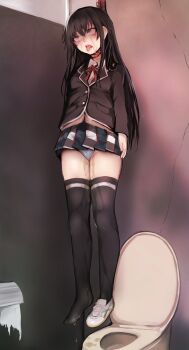 1girl arms_at_sides bathroom black_hair black_thighhighs collar corpse crying crying_with_eyes_open death disorder! drooling empty_eyes eyebrows_hidden_by_hair full_body guro hanged highres indoors long_hair long_sleeves miniskirt necrophilia noose one_shoe open_mouth panties pee peeing peeing_self pleated_skirt rolling_eyes school_uniform skirt suicide tears thighhighs toilet toilet_stall tongue tongue_out underwear white_collar white_panties yahari_ore_no_seishun_lovecome_wa_machigatteiru. yukinoshita_yukino