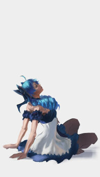 1girl bare_shoulders black_bow bow breasts brown_pantyhose closed_eyes closed_mouth commentary detached_sleeves drill_hair english_commentary facing_up from_side gwen_(league_of_legends) hair_bow highres league_of_legends long_hair nosori pantyhose simple_background sitting solo twin_drills twintails white_background