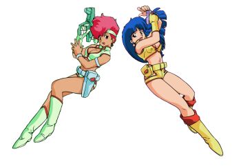 2girls armlet arms_up blue_eyes blue_hair boots bracelet breasts cleavage crop_top dark-skinned_female dark_skin dirty_pair earrings floating_hair full_body gloves gun handgun headband holding holding_gun holding_weapon holster jewelry kei_(dirty_pair) long_hair looking_at_viewer midriff multiple_girls navel non-web_source official_art open_mouth photoshop_(medium) red_hair short_hair simple_background single_glove weapon white_background yuri_(dirty_pair)